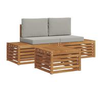 mtlskopl Set di divani da esterni in legno di acacia massiccio, 5 pezzi, con tavolo, 2 divani finali e cuscini grigio chiaro, per terrazza e balcone, colore naturale