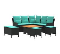 mtlskopl Set di mobili da giardino da 7 pezzi con cuscino, moderno set lounge in rattan sintetico per terrazza, giardino e soggiorno, resistente alle intemperie, con tavolo e sgabello, nero e turchese