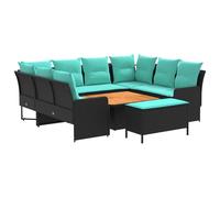 mtlskopl Set di mobili da giardino in rattan sintetico, 7 pezzi, con tavolo, poltrone e sgabello, set da esterno con cuscini, per terrazza, giardino e soggiorno, nero e turchese