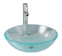 mtlskopl Set lavello da appoggio da bagno, lavabo rotondo in vetro da 42 cm, con rubinetto e scarico pop-up, vaschetta in vetro temperato satinato per il bagno