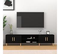 mtlskopl Tavola bassa per TV nera, 180 x 31,5 x 40 cm, in legno e gambe eucalipto, design moderno con 4 ante per ampio spazio di archiviazione, soggiorno, camera da letto, corridoio