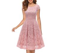 MUADRESS Abito da damigella d'onore lungo al ginocchio in pizzo floreale con maniche a cappuccio per donna, per feste, colore: Rosa L