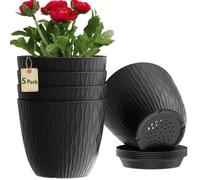 MUAEEOK Confezione da 5 vasi per piante da interno, in plastica, con scanalature a strisce, con fori di drenaggio e vassoio, vaso decorativo moderno per tutte le piante da appartamento (nero, 18 cm)