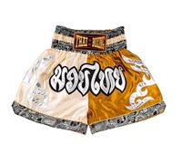 MUAY NATION Pantaloncini Muay Thai per Uomo e Donna, Pantaloncini da Boxe MMA dal Taglio Slim, Abbigliamento da Allenamento per Kickboxing (IT, Testo, XL, Regular, Regular, Crema/Oro)