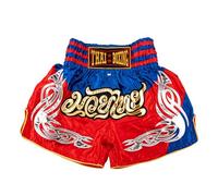 MUAY NATION Pantaloncini Muay Thai per Uomo e Donna, Pantaloncini da Boxe MMA dal Taglio Slim, Abbigliamento da Allenamento per Kickboxing (IT, Testo, L, Regular, Regular, Prm Rosso/Blu)