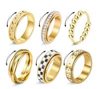 MUCAL Set di 6 anelli fidget per ansia da donna, in acciaio inox, dorati, anelli per ansia meditativa, con fiori a scacchi, luna, stella, zirconia cubica, anelli per alleviare lo stress, 7, Acciaio