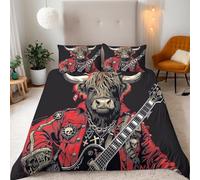 Mucca Che Suona La Chitarra Copripiumino Una PiazzaMezza 200x200 (2 Federa 50x80) Stile Dell'arte Rupestre Set Copripiumino 3D Microfibra Ultra Angoli FissiCerniera Morbido LeggeroFacile da Lavare