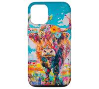 Mucca colorata delle Highland con fiori e farfalle Custodia per iPhone 12/12 Pro