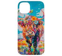 Mucca colorata delle Highland con fiori e farfalle Custodia per iPhone 14 Plus