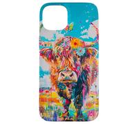 Mucca colorata delle Highland con fiori e farfalle Custodia per iPhone 15 Plus