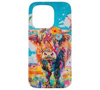 Mucca colorata delle Highland con fiori e farfalle Custodia per iPhone 15 Pro
