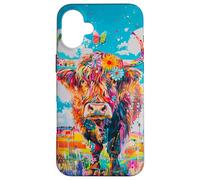 Mucca colorata delle Highland con fiori e farfalle Custodia per iPhone 16 Plus