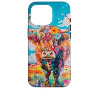 Mucca colorata delle Highland con fiori e farfalle Custodia per iPhone 16 Pro