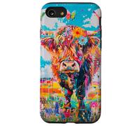 Mucca colorata delle Highland con fiori e farfalle Custodia per iPhone SE (2020) / 7 / 8