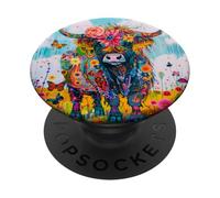 Mucca colorata delle Highland con fiori e farfalle PopSockets PopGrip Adesivo