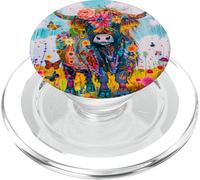 Mucca colorata delle Highland con fiori e farfalle PopSockets PopGrip per MagSafe