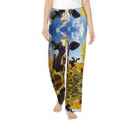 Mucca Con Girasoli In Blu Stampa Flanella Pigiama Pantaloni Con Tasche Caldo Sonno Lounge Pantaloni Pigiama Pj Bottoms Sleepwear, Nero , 3XL