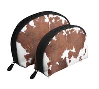 Mucca con stampa in pelle di vacchetta marrone animale, Borsa per trucco a conchiglia Portamonete da donna Borsa da toilette piccola Borsa per cosmetici 2 pezzi