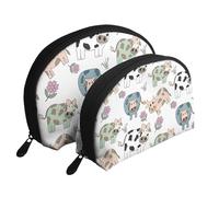 Mucca del fumetto disegnato a mano, Borsa per trucco a conchiglia Portamonete da donna Borsa da toilette piccola Borsa per cosmetici 2 pezzi
