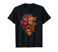 Mucca delle Highland con crisantemi Rossi ed eucalipto Argento Maglietta