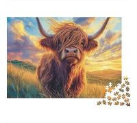 Mucca delle Highlands al tramonto Puzzle da 1000 pezzi Mucca delle Highlands al tramonto nel prato Adulti dai 12 anni in su Gioco educativo Decorazione per la casa Sfida Alta Compleanno 38x26cmi