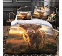 mucca delle Highlands copripiumino 3 Pezzi morbida microfibra motivo 3D con cerniera con federe per cuscini Scena pastorale rustica Set Di Copripiumino for ragazzi e adulti Single（140x200cm）