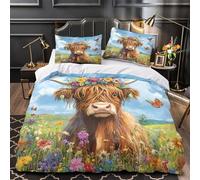 mucca delle Highlands copripiumino Set di biancheria da letto 3 pezzi microfibra stampa 3D con federe incluso federe Corona floreale Art_3 Set Di Copripiumino for coppie e ragazzi Single（135x200cm）
