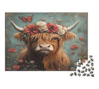 Mucca delle Highlands Puzzle Per Adulti |Stile artistico con corona floreale| 38x26cm/1000pcs Puzzle Giochi Educativi,decorazioni Per La Casa