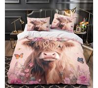 mucca delle Highlands Set Di Copripiumino 3 pezzi microfibra stampa 3D con federe per cuscini con cerniera incluso federe Corona floreale copripiumino for bambini e adolescenti Single（140x200cm）