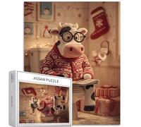 Mucca in vestiti di Natale 1000 pezzi puzzle per adulti calzini di Natale sfondo arte puzzle colorato fai da te puzzle per la decorazione della casa regali puzzle famiglia perfetto per serate di gioco