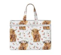 Mucca scozzese delle Highlands rosa primaverile floreale,Borsa portadocumenti in tela con cerniera, borsa a mano, valigetta per scuola e ufficio