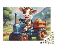 Mucca Simpatica che Guida Trattore 1000 Pezzi Puzzle da Viaggio per Adulti Simpatico Vitellino che Guida Trattore Blu nella Fattoria Premium Robusto Alta Qualità Stimolante Antistress 38x26cm/1000pz