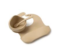 Muchmellow Set Pappa Silicone 3 pezzi Beige | MADE IN ITALY, Ciotola con Ventosa Anticaduta, Cucchiaio, Bavaglino Regolabile, Svezzamento, Plastic Free, BPA Free