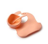 Muchmellow - Set Pappa Silicone MADE IN ITALY 3 pezzi, Ciotola con Ventosa Anticaduta, Cucchiaio, Bavaglino Regolabile, Svezzamento, Plastic Free, BPA Free, Lavabile Lavastoviglie (Pesca)