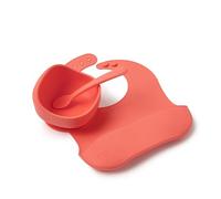 Muchmellow - Set Pappa Silicone MADE IN ITALY 3 pezzi, Ciotola con Ventosa Anticaduta, Cucchiaio, Bavaglino Regolabile, Svezzamento, Plastic Free, BPA Free, Lavabile Lavastoviglie (Arancio)