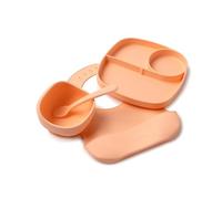 Muchmellow - Set Pappa Silicone MADE IN ITALY 4 Pezzi, Ciotola con Ventosa Anticaduta, Piatto, Cucchiaio, Bavaglino Regolabile, Svezzamento, Plastic Free, BPA Free, Lavabile Lavastoviglie (Pesca)