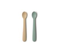 Muchmellow - Set Silicone MADE IN ITALY 2 Pezzi, Cucchiaino svezzamento Silicone con Custodia da Viaggio, Ergonomici, Plastic Free, BPA Free, Lavabile Lavastoviglie (Beige + Verde)