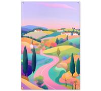 MuchoWow© Decoracion Jardin Exterior 80x120 cm Decoración Pared Póster De Jardín Balcón Wall Decoration Patio Posters Decorativos Terraza Paisaje - Morado - Pastel - Casas