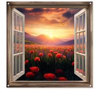 MuchoWow© Decoracion Pared Exterior 100x100 cm Posters Decorativos Jardin Terraza Balcon Wall Decoration Decoración Patio Póster De Jardín Transparente - Amapolas - Flores - Ventana abierta