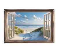 MuchoWow© Decoración Pared Exterior 120x80 cm Poster Decorativos Jardín Decoracion Terraza Balcon Wall Decoration Patio Posters Póster De Jardin Vista - Playa - Ventana - Dunas - Mar