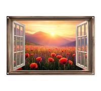 MuchoWow© Decoracion Pared Exterior 120x80 cm Posters Decorativos Jardin Terraza Balcon Wall Decoration Decoración Patio Póster De Jardín Transparente - Amapolas - Flores - Ventana abierta