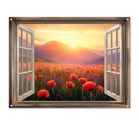 MuchoWow© Decoracion Pared Exterior 120x90 cm Posters Decorativos Jardin Terraza Balcon Wall Decoration Decoración Patio Póster De Jardín Transparente - Amapolas - Flores - Ventana abierta