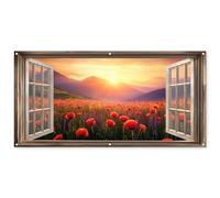 MuchoWow© Decoracion Pared Exterior 160x80 cm Posters Decorativos Jardin Terraza Balcon Wall Decoration Decoración Patio Póster De Jardín Transparente - Amapolas - Flores - Ventana abierta
