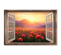 MuchoWow© Decoracion Pared Exterior 180x120 cm Posters Decorativos Jardin Terraza Balcon Wall Decoration Decoración Patio Póster De Jardín Transparente - Amapolas - Flores - Ventana abierta