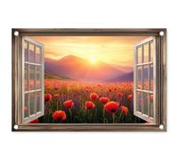 MuchoWow© Decoracion Pared Exterior 60x40 cm Posters Decorativos Jardin Terraza Balcon Wall Decoration Decoración Patio Póster De Jardín Transparente - Amapolas - Flores - Ventana abierta