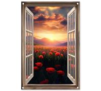 MuchoWow© Decoracion Pared Exterior 60x90 cm Posters Decorativos Jardin Terraza Balcon Wall Decoration Decoración Patio Póster De Jardín Transparente - Amapolas - Flores - Ventana abierta