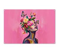 MuchoWow© Decorazioni Giardino 120x80 cm Poster da Parete per Esterno Decorazione Muro Decori Balcone Terrazzo Esterna Wall Decoration Posters Volto Donna - Farfalle - Colorato