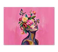 MuchoWow© Decorazioni Giardino 120x90 cm Poster da Parete per Esterno Decorazione Muro Decori Balcone Terrazzo Esterna Wall Decoration Posters Volto Donna - Farfalle - Colorato