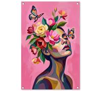 MuchoWow© Decorazioni Giardino 60x90 cm Poster da Parete per Esterno Decorazione Muro Decori Balcone Terrazzo Esterna Wall Decoration Posters Volto Donna - Farfalle - Colorato