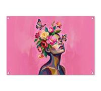 MuchoWow© Decorazioni Giardino 90x60 cm Poster da Parete per Esterno Decorazione Muro Decori Balcone Terrazzo Esterna Wall Decoration Posters Volto Donna - Farfalle - Colorato